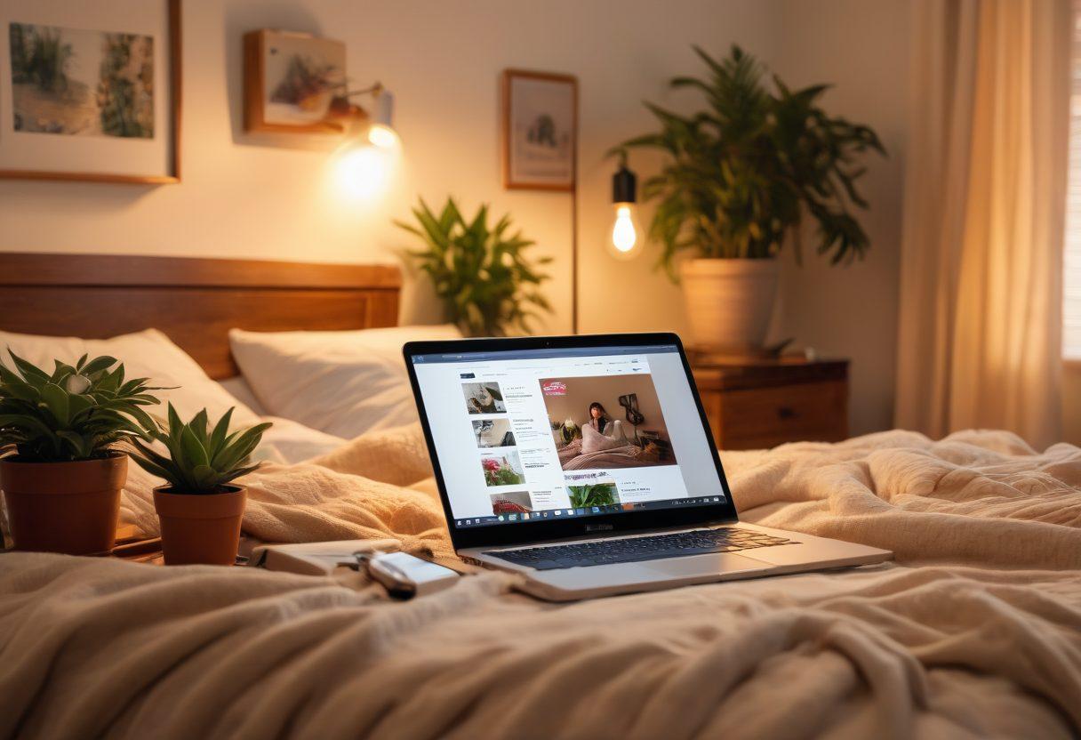 A serene bedroom with soft lighting, showcasing an open laptop on the bed displaying a tasteful adult website. Around the room, elements like potted plants and cozy blankets create a safe, welcoming atmosphere. Include diverse characters engaging in wholesome conversations. painting. warm tones. inclusive representation.