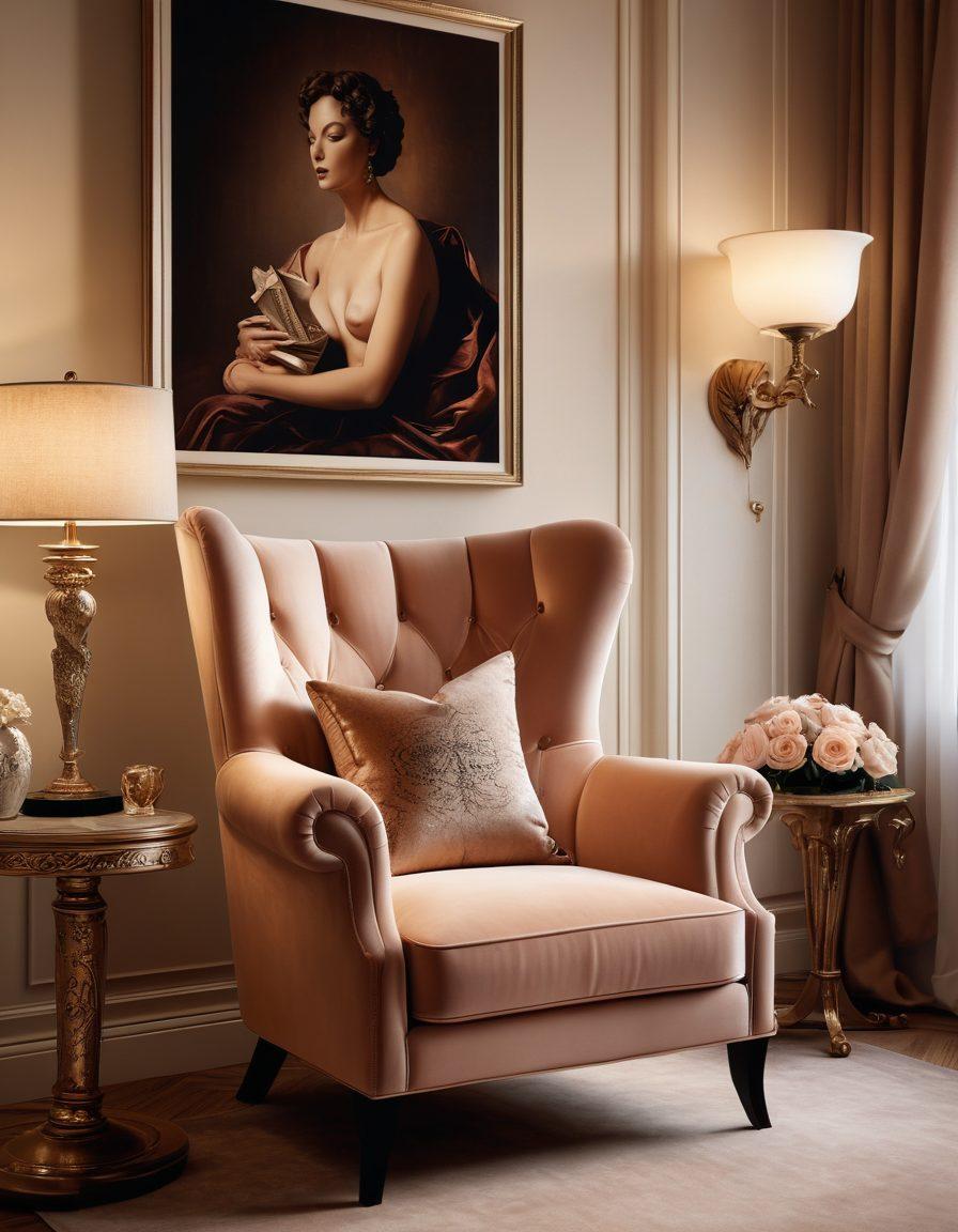 A sophisticated yet sensual setting featuring an elegant bedroom with soft, ambient lighting and tasteful, luxurious decor. A book titled 'Redefining Erotica' lies on a plush armchair, suggesting a thoughtful approach. Focus on elements that evoke respect and integrity, like artful sculptures or classy paintings celebrating the human form. The scene should be cozy and inviting, implying mature and intimate exploration. super-realistic. warm tones. elegant and respectful aesthetic.